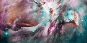 A celestial nebula in the Orion constellation, glowing with neon pastel hues of turquoise, pink, green, and blue—ethereal clouds of light swirling like divine energy.