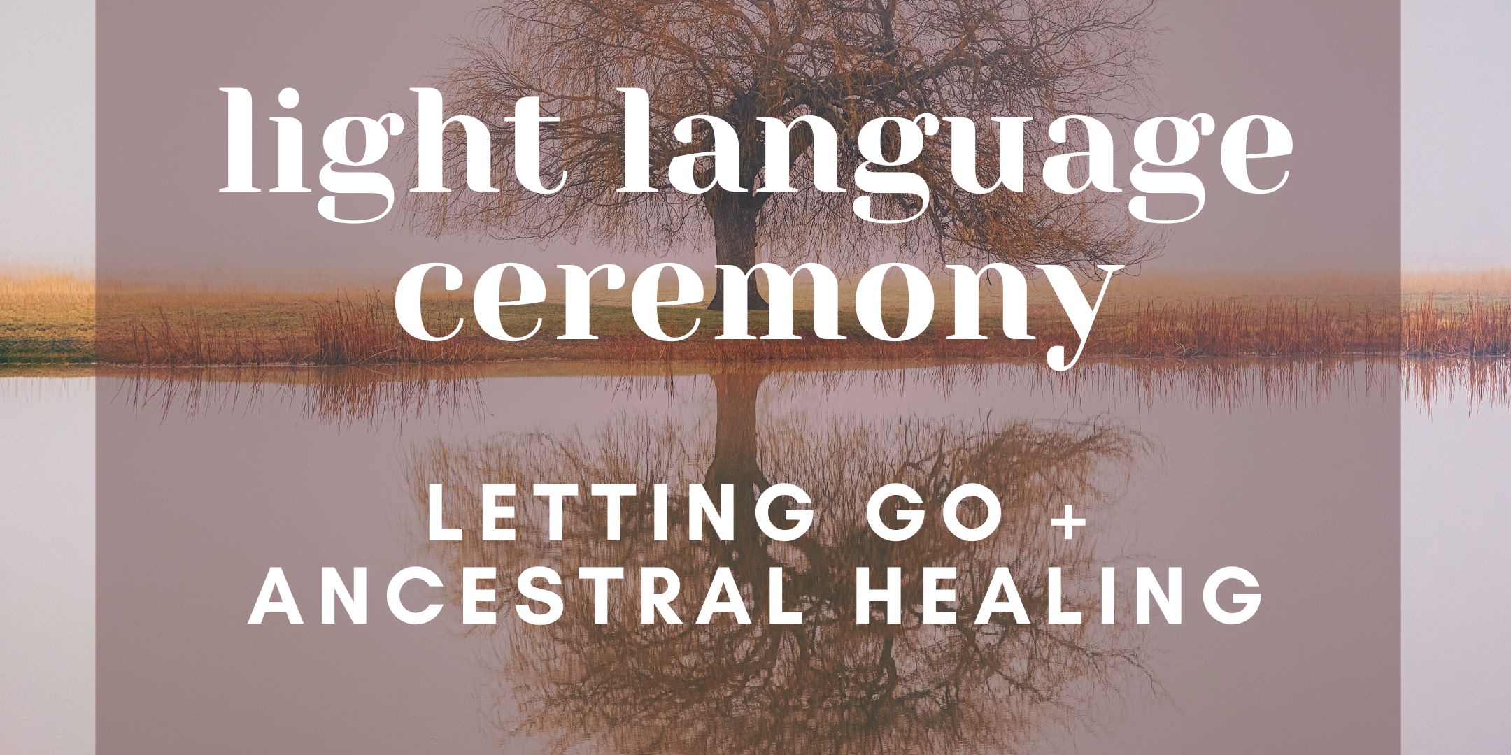 A tree with its reflection mirrored in still water below, symbolising balance, release, and ancestral connection. Overlaid text provides details of the Light Language Ceremony focused on letting go and ancestral healing.