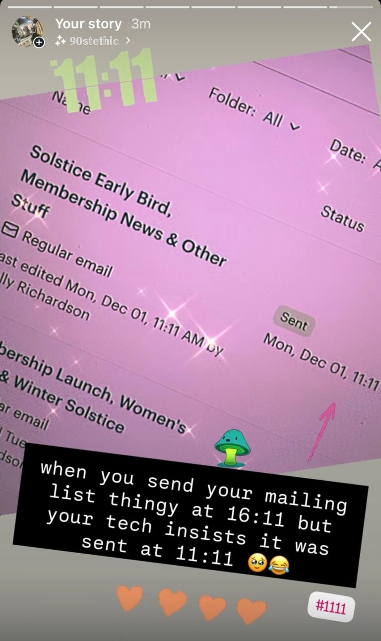 Screenshot of an Instagram story and email showing the time 11:11, shared as proof of synchronicity and angel numbers. Related to Lush Lunar’s newsletter and spiritual guidance.