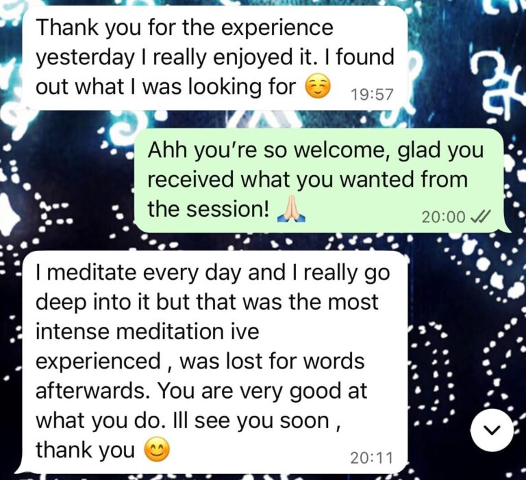 Screenshot of a client text review praising Lush Lunar’s light language intuitive healing session, describing it as the most intense and transformative experience they have ever had, and complimenting the facilitator’s skill.