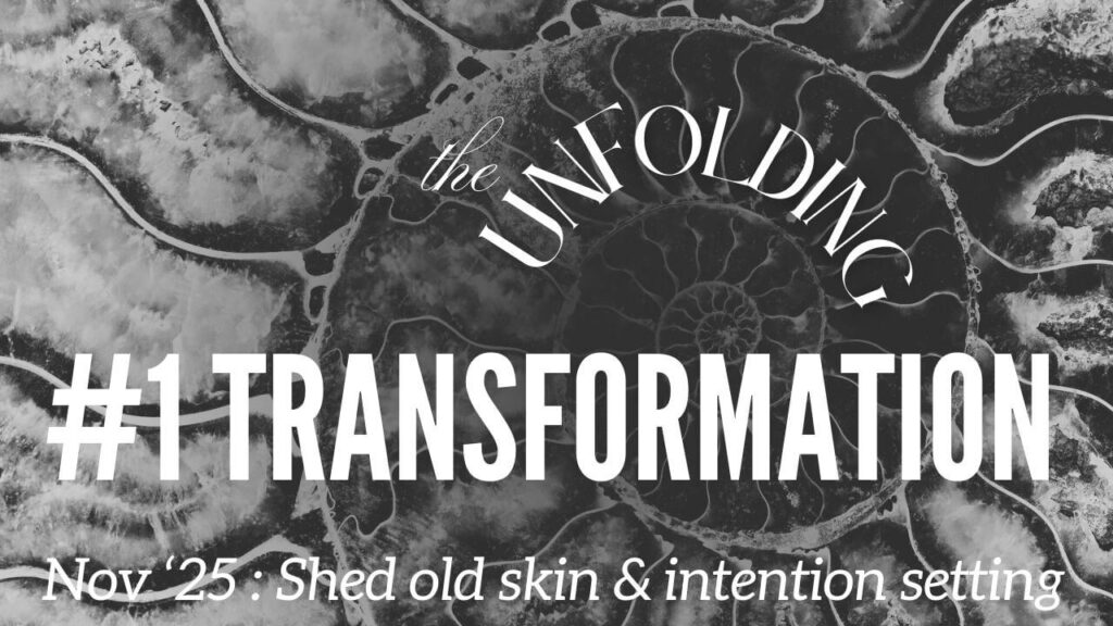 Black and white ammonite fossil artwork promoting The Unfolding online membership’s first Transformation Ceremony. Features light language, spiritual healing, shedding old patterns (Year of the Snake, 2025, Year 9 numerology), and planting intentions for 2026 (Year of the Horse, Year 1 numerology).